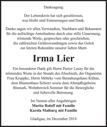 Traueranzeige von Irma Lier  von Magdeburger Volksstimme