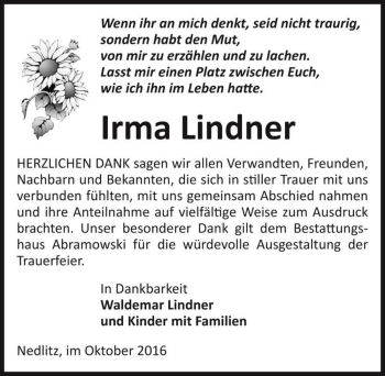 Traueranzeige von Irma Lindner  von Magdeburger Volksstimme
