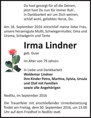 Traueranzeige von Irma Lindner (geb. Guse)  von Magdeburger Volksstimme