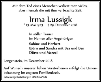 Traueranzeige von Irma Lussigk  von Magdeburger Volksstimme
