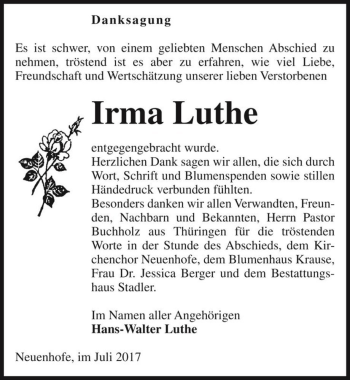 Traueranzeige von Irma Luthe  von Magdeburger Volksstimme