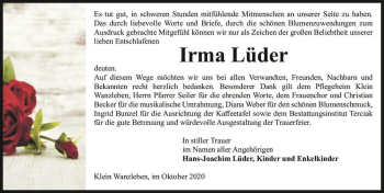 Traueranzeige von Irma Lüder  von Magdeburger Volksstimme