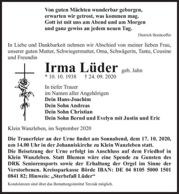 Traueranzeige von Irma Lüder (geb. Jahn)  von Magdeburger Volksstimme