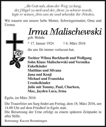 Traueranzeige von Irma Malischewski (geb. Wehde)  von Magdeburger Volksstimme