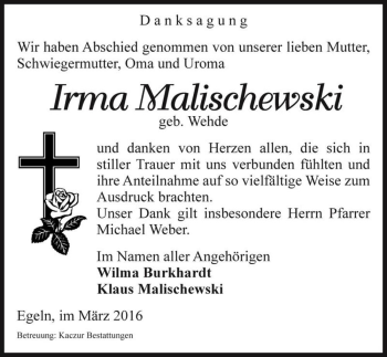 Traueranzeige von Irma Malischewski (geb. Wehde)  von Magdeburger Volksstimme