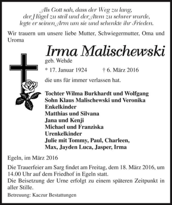 Traueranzeige von Irma Malischewski (geb. Wehde)  von Magdeburger Volksstimme