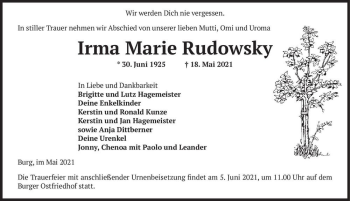 Traueranzeige von Irma Marie Rudowsky  von Magdeburger Volksstimme