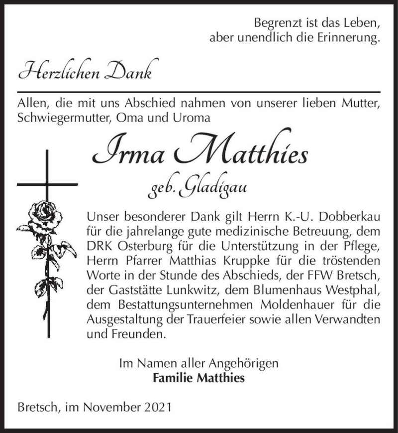  Traueranzeige für Irma Matthies (geb. Gladigau)  vom 03.12.2021 aus Magdeburger Volksstimme