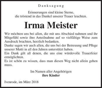 Traueranzeige von Irma Meister  von Magdeburger Volksstimme