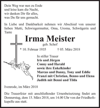 Traueranzeige von Irma Meister (geb. Schof)  von Magdeburger Volksstimme