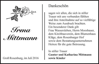 Traueranzeige von Irma Mittmann  von Magdeburger Volksstimme