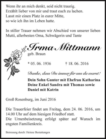 Traueranzeige von Irma Mittmann (geb. Braun)  von Magdeburger Volksstimme