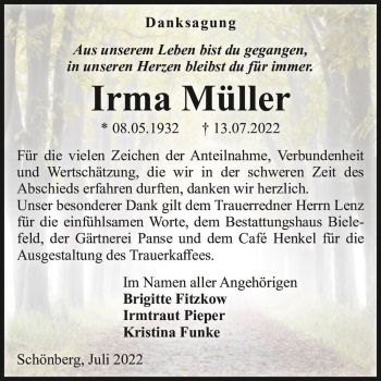 Traueranzeige von Irma Müller  von Magdeburger Volksstimme