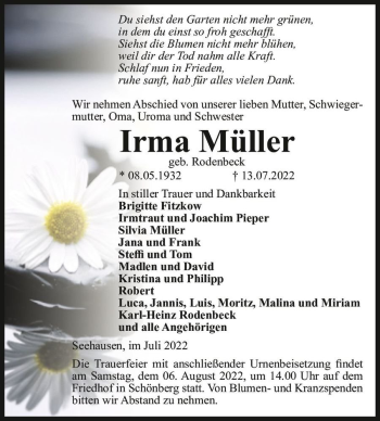 Traueranzeige von Irma Müller (geb. Rodenbeck)  von Magdeburger Volksstimme