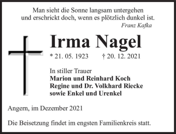 Traueranzeige von Irma Nagel  von Magdeburger Volksstimme
