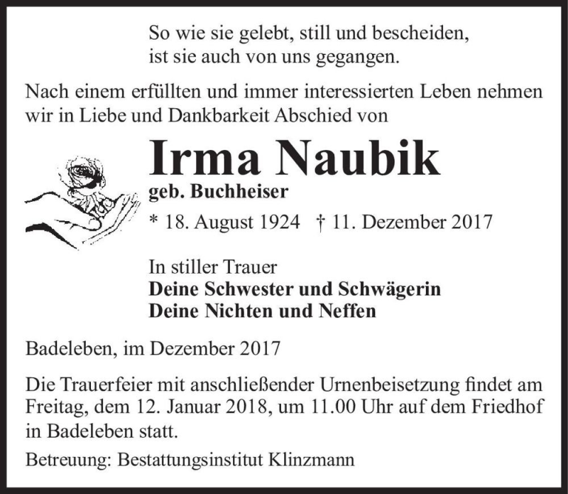  Traueranzeige für Irma Naubik (geb. Buchheiser)  vom 16.12.2017 aus Magdeburger Volksstimme