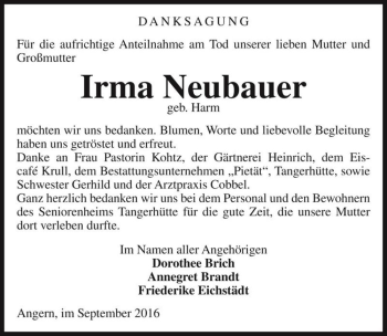 Traueranzeige von Irma Neubauer (geb. Harm)  von Magdeburger Volksstimme