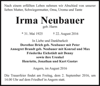 Traueranzeige von Irma Neubauer (geb. Harm)  von Magdeburger Volksstimme