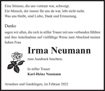 Traueranzeige von Irma Neumann  von Magdeburger Volksstimme
