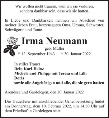 Traueranzeige von Irma Neumann (geb. Müller)  von Magdeburger Volksstimme