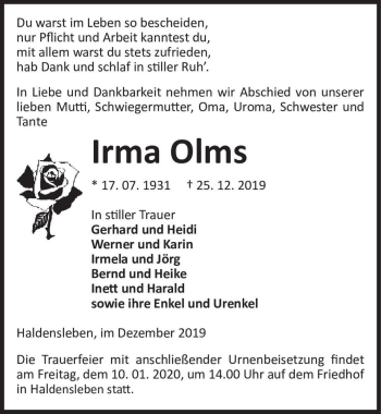 Traueranzeige von Irma Olms  von Magdeburger Volksstimme