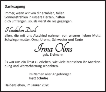 Traueranzeige von Irma Olms (geb. Erdmann)  von Magdeburger Volksstimme