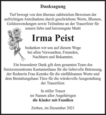 Traueranzeige von Irma Peist  von Magdeburger Volksstimme