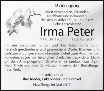 Traueranzeige von Irma Peter  von Magdeburger Volksstimme