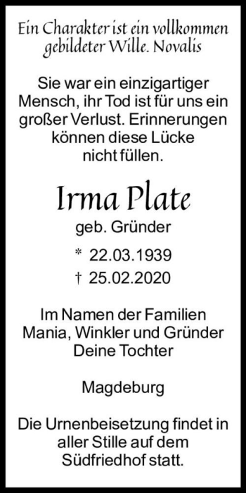 Traueranzeige von Irma Plate (geb. Gründer)  von Magdeburger Volksstimme