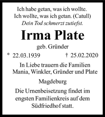 Traueranzeige von Irma Plate (geb. Gründer)  von Magdeburger Volksstimme