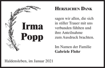 Traueranzeige von Irma Popp  von Magdeburger Volksstimme
