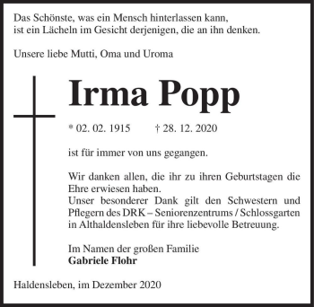 Traueranzeige von Irma Popp  von Magdeburger Volksstimme