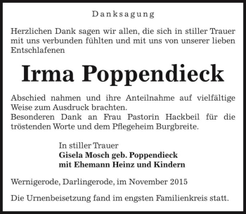 Traueranzeige von Irma Poppendieck  von Magdeburger Volksstimme