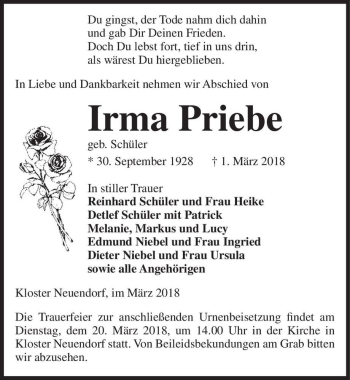 Traueranzeige von Irma Priebe (geb. Schüler)  von Magdeburger Volksstimme