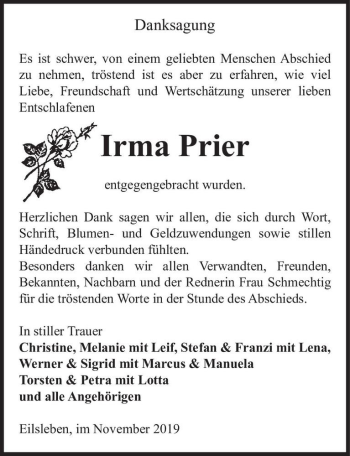 Traueranzeige von Irma Prier  von Magdeburger Volksstimme
