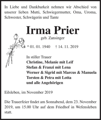 Traueranzeige von Irma Prier (geb. Zansinger)  von Magdeburger Volksstimme