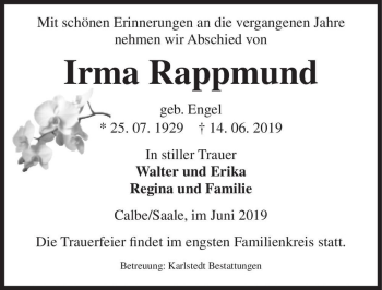Traueranzeige von Irma Rappmund (geb. Engel)  von Magdeburger Volksstimme
