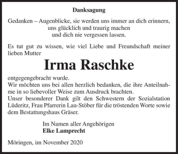 Traueranzeige von Irma Raschke  von Magdeburger Volksstimme