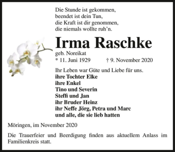 Traueranzeige von Irma Raschke (geb. Noreikat)  von Magdeburger Volksstimme