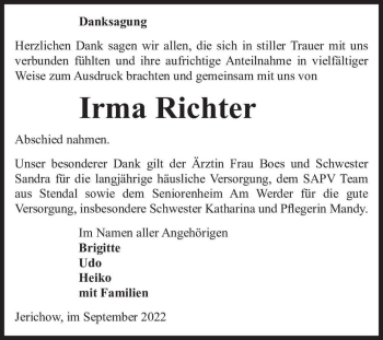 Traueranzeige von Irma Richter  von Magdeburger Volksstimme