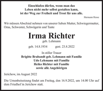 Traueranzeige von Irma Richter (geb. Lehmann)  von Magdeburger Volksstimme