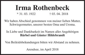 Traueranzeige von Irma Rothenbeck  von Magdeburger Volksstimme