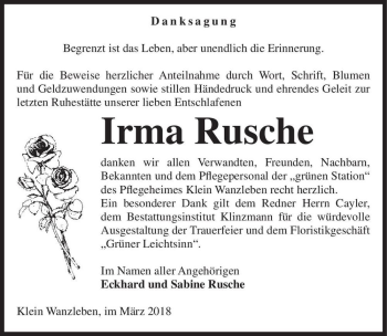 Traueranzeige von Irma Rusche  von Magdeburger Volksstimme