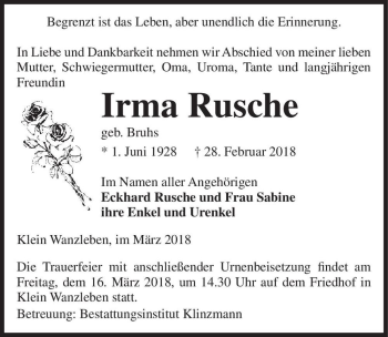 Traueranzeige von Irma Rusche (geb. Bruhs)  von Magdeburger Volksstimme