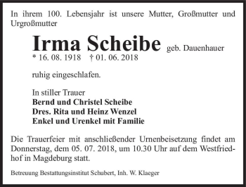 Traueranzeige von Irma Scheibe (geb. Dauenhauer)  von Magdeburger Volksstimme