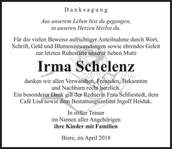 Traueranzeige von Irma Schelenz  von Magdeburger Volksstimme
