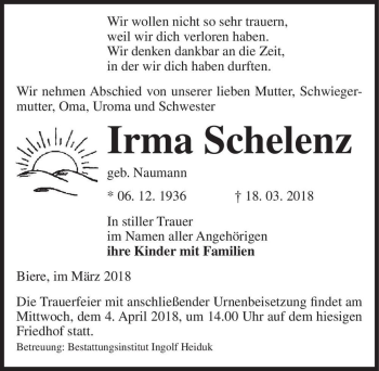 Traueranzeige von Irma Schelenz (geb. Naumann)  von Magdeburger Volksstimme