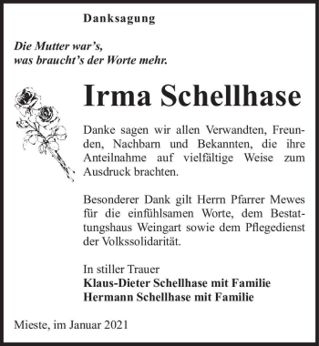 Traueranzeige von Irma Schellhase  von Magdeburger Volksstimme
