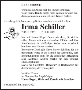 Traueranzeige von Irma Schiller  von Magdeburger Volksstimme