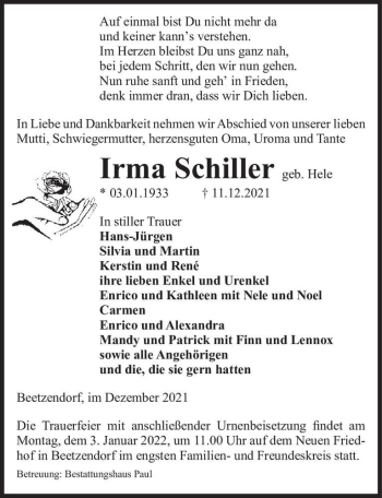 Traueranzeige von Irma Schiller (geb. Hele)  von Magdeburger Volksstimme